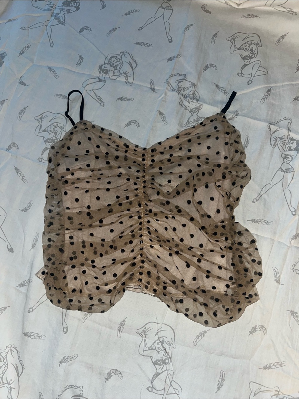 Nasty Gal Beige Mesh Polka Dot Ruched Tank Top